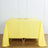 Yellow tablecloth draped over a table with two plates on top.