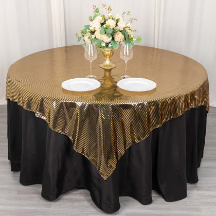 Polyester Table Overlay 72"x72" Black with Gold Foil Disco Mirror Ball Design for Glam and Disco Themes