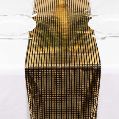 Polyester Table Runner 12"x108" Black with Square Metallic Gold Foil - Shiny Disco Theme Party Table Decor