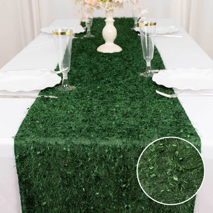 Polyester Table Runner 12"x108" Green with Fringe Shag Design Linen
