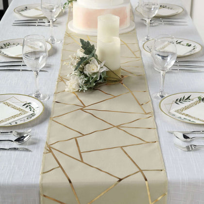 Polyester Table Runner 9ft Beige with Gold Foil Geometric Pattern