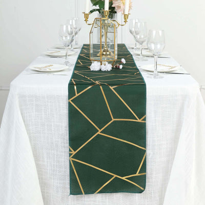 Polyester Table Runner 9ft Hunter Emerald Green with Gold Foil Geometric Pattern