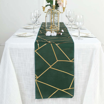 Polyester Table Runner 9ft Hunter Emerald Green with Gold Foil Geometric Pattern