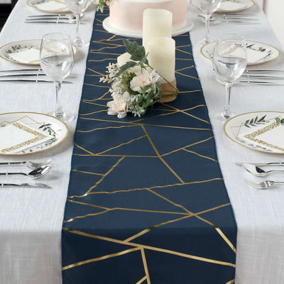 Polyester Table Runner 9ft Navy Blue with Gold Foil Geometric Pattern