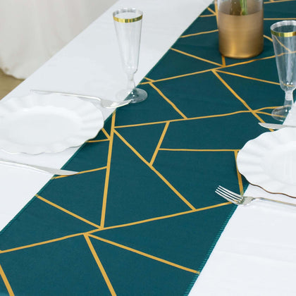 Polyester Table Runner 9ft Peacock Teal - Gold Foil Geometric Pattern