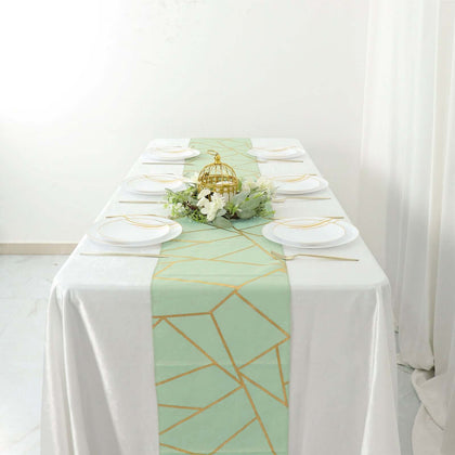 Polyester Table Runner 9ft Sage Green - Gold Foil Geometric Pattern