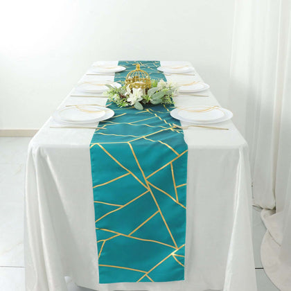 Polyester Table Runner 9ft Teal - Gold Foil Geometric Pattern