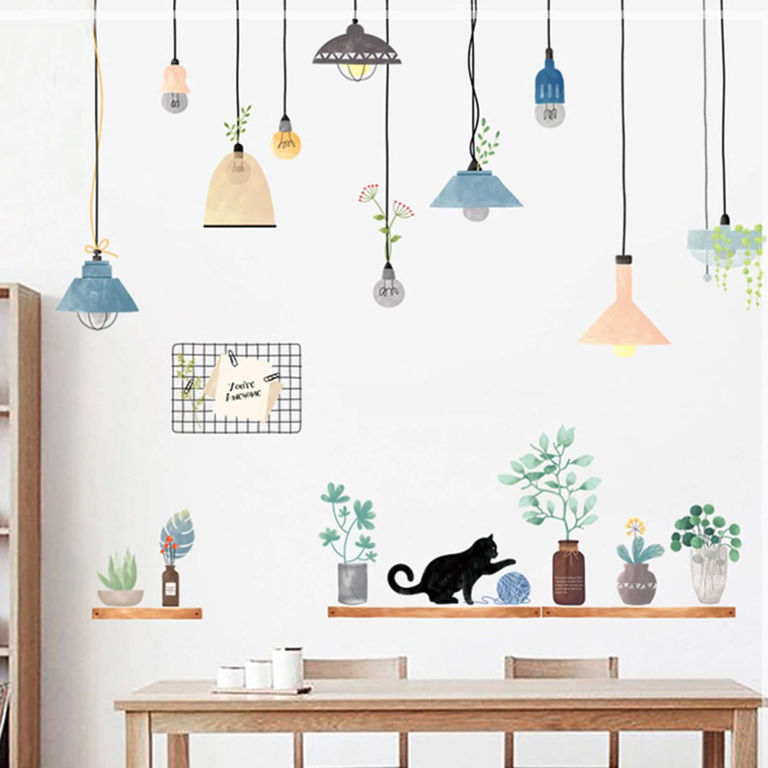 Decorative wall art with plants and lights in a cozy interior setting.