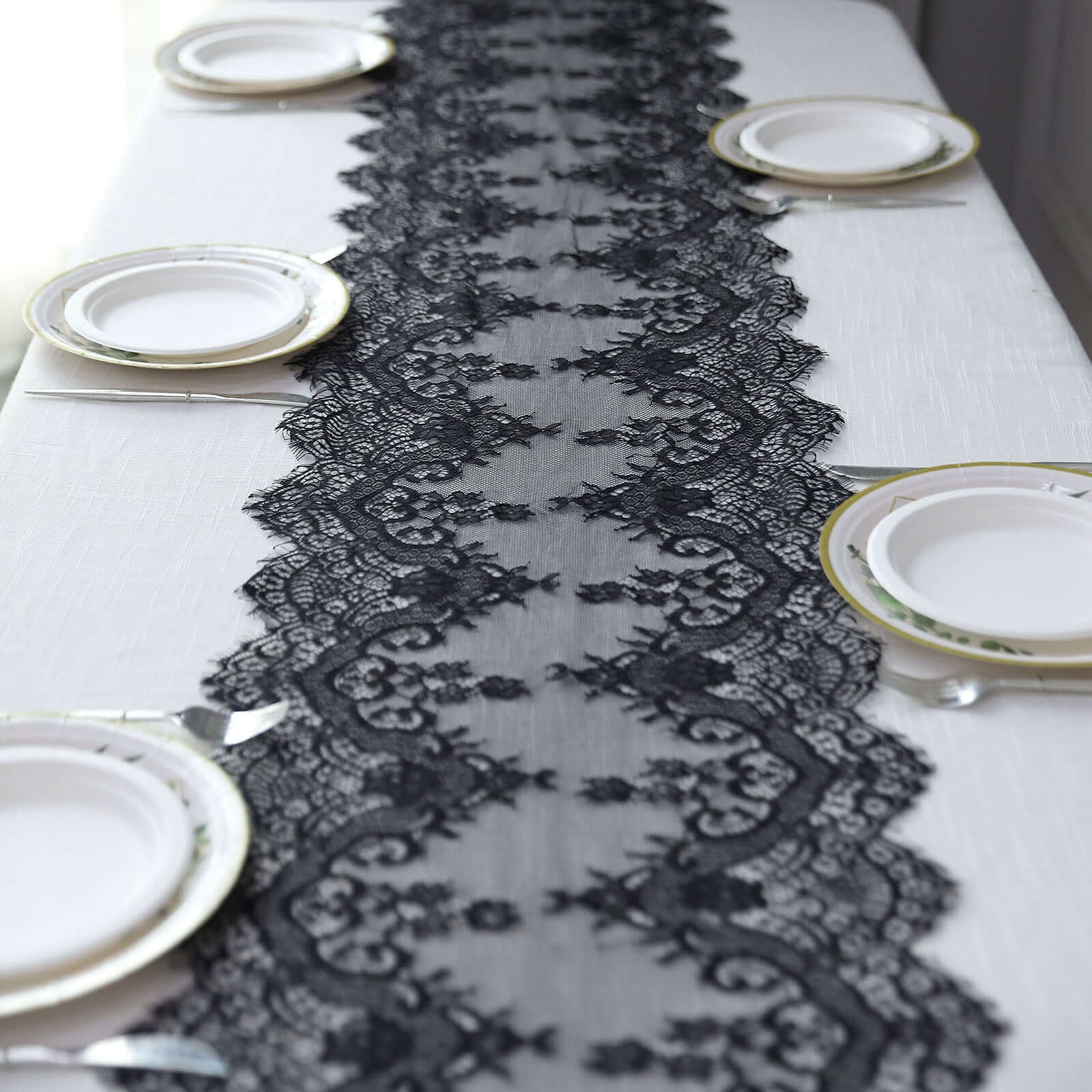 Premium Lace Fabric Table Runner 15"x117" Black With Scalloped Frill Edges | Vintage Classic Decor - Weddings, Events by eFavormart Party Shop Premium Lace Fabric Table Runner 15"x117" Black With Scalloped Frill Edges | Vintage Classic Decor - Weddings, Events by eFavormart Party Shop