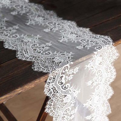 Premium Lace Fabric Table Runner 15"x117" White with Scalloped Frill Edges - Vintage Classic Table Decor