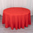 Red round tablecloth on a wooden floor.