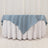 Round table with a blue and white tablecloth.
