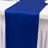 Blue table runner on a white tablecloth.