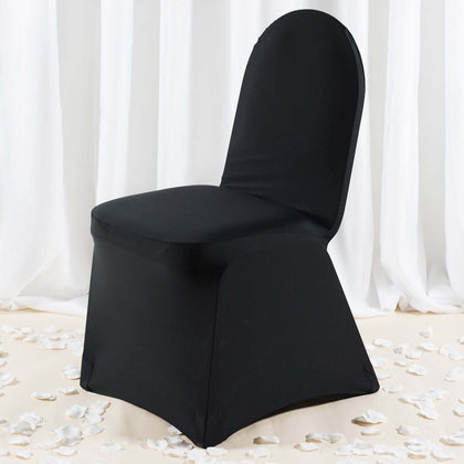 Premium Spandex Stretch Fitted Banquet Chair Cover 220GSM Black with Foot Pockets - Durable Slipcover