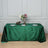 Elegant green tablecloth set for dining, styled with wine and floral centerpiece.