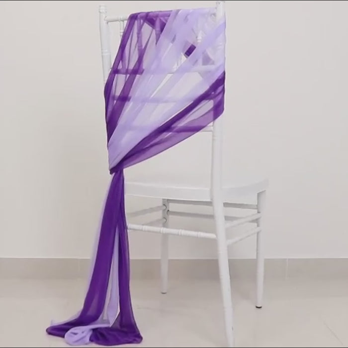 Purple lavender lilac sheer chair sash draped elegantly on a white chair.