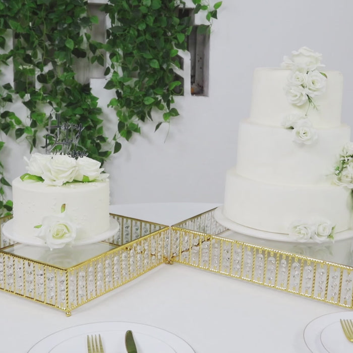 Gold crystal cake stand with hanging beads, perfect for displaying desserts.
