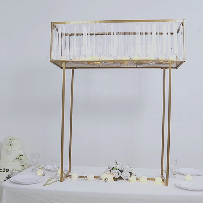 Gold metal rectangular display rack with crystal pendant flower stand.