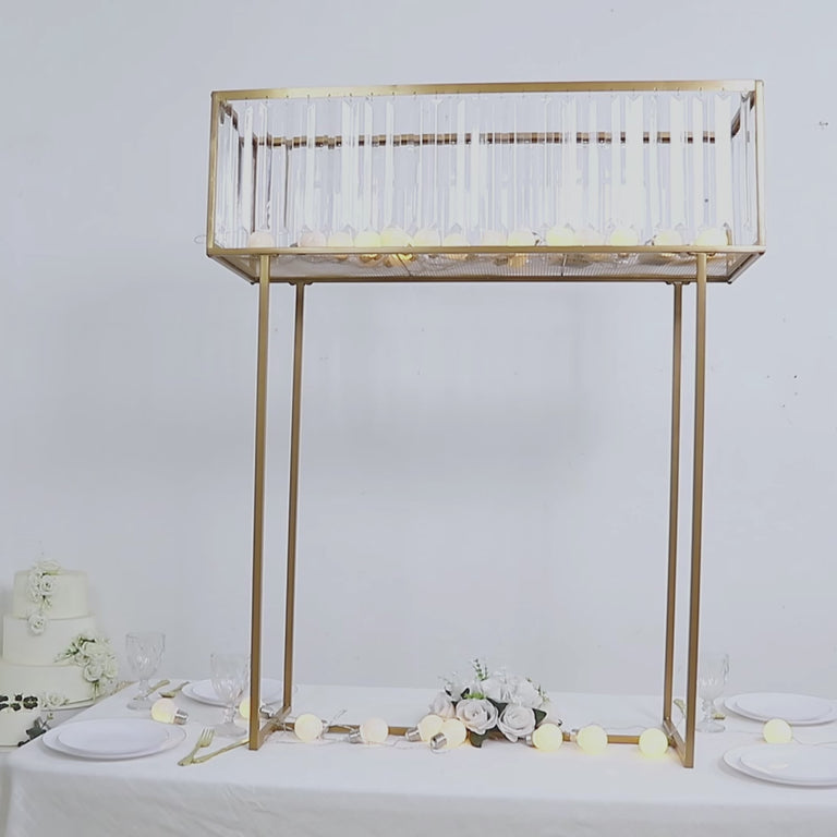 Gold metal rectangular display rack with crystal pendant flower stand.