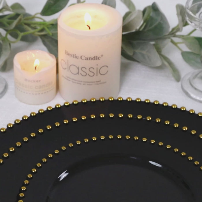Black disposable plate with gold beaded rim, perfect for desserts and appetizers.