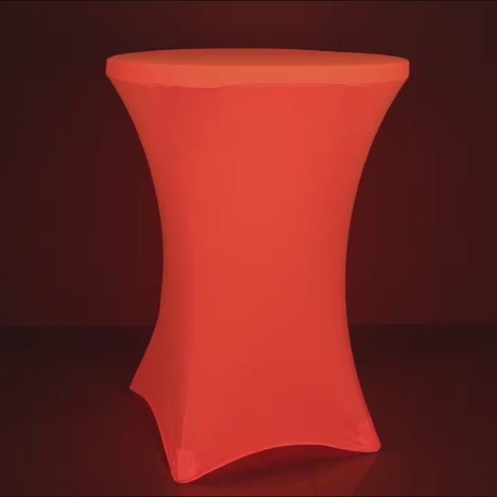 Glow neon orange fitted round cocktail table cover, wrinkle-free spandex.