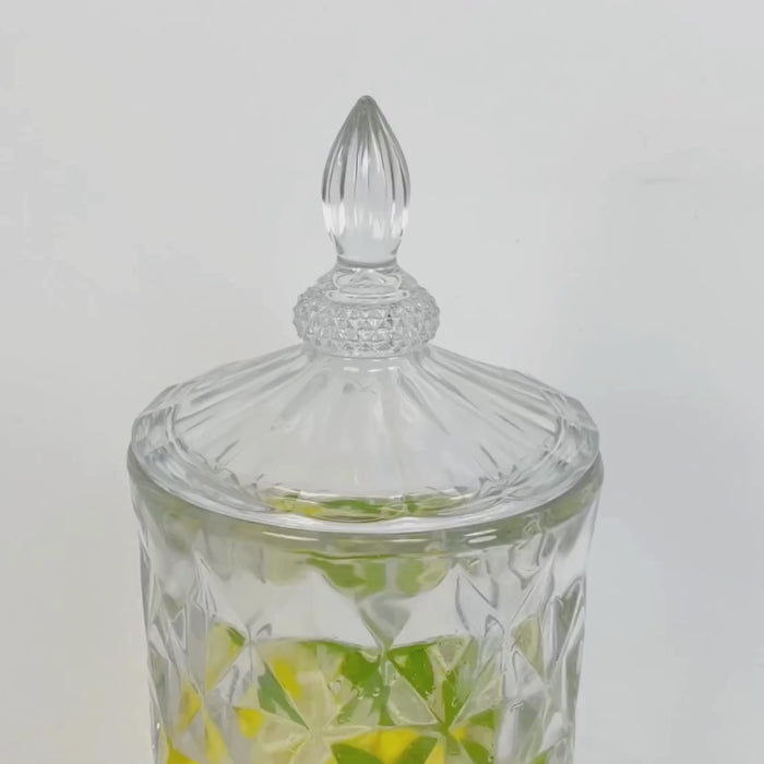 Clear glass beverage dispenser with spigot, 1.3 gallon capacity.