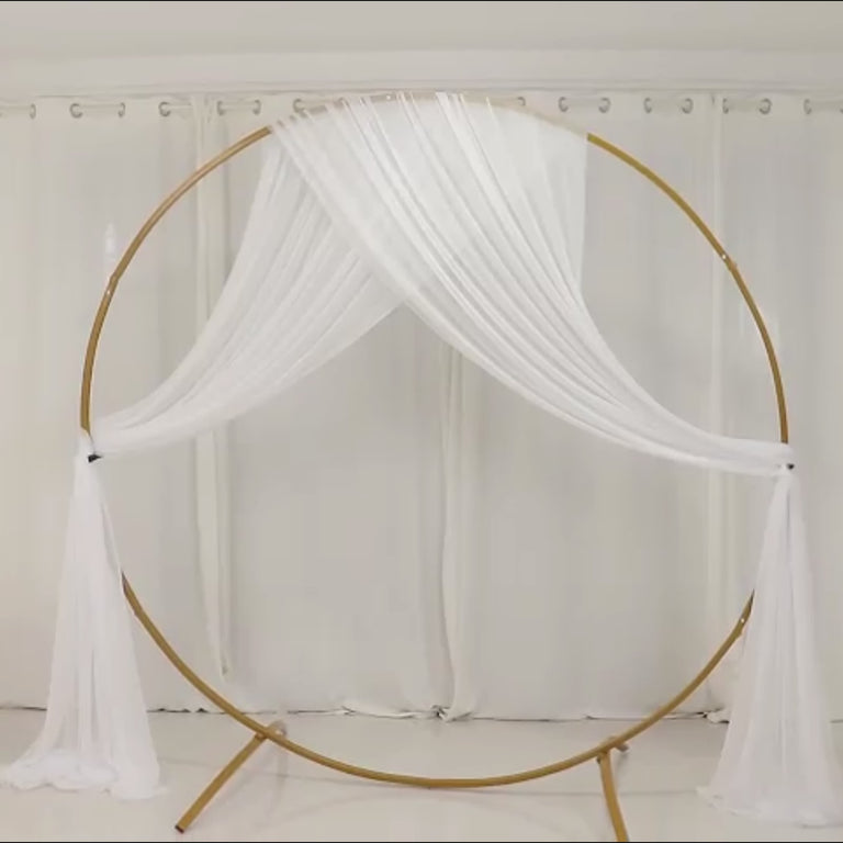 White sheer wedding arch drape backdrop, 5ftx32ft, elegant ceiling decor.