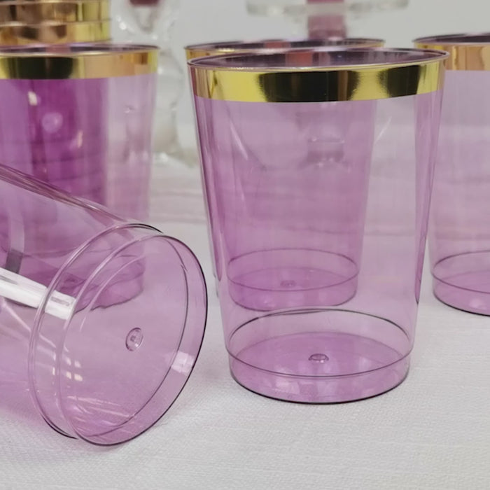 25-Pack Plastic Tumbler Cups 10Oz Transparent Purple With Gold Rim