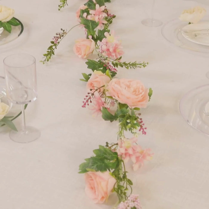 Blush artificial rose peony flower garland with mixed greenery, 6ft long.