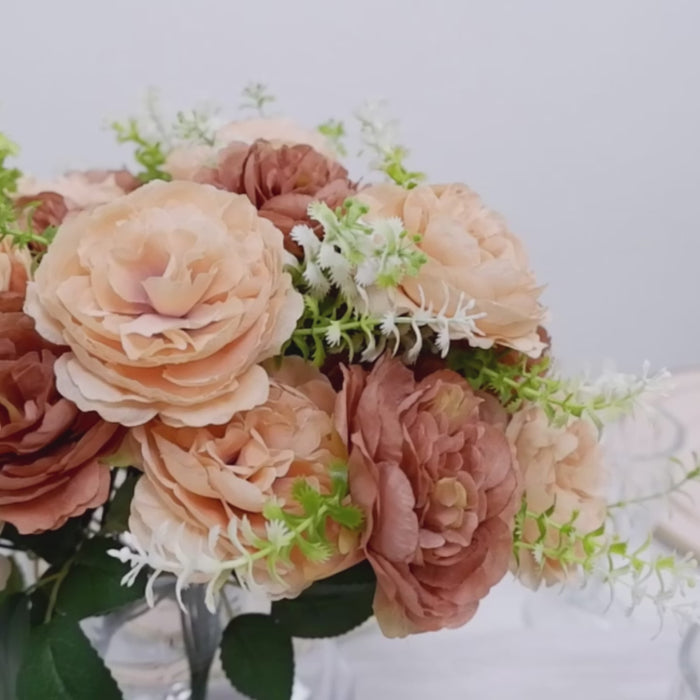 Peach and cream artificial peony bouquet for wedding or home decor.