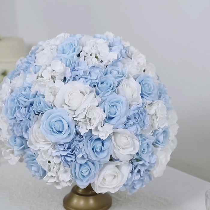 Light blue silk rose flower ball arrangement centerpiece for wedding decor.