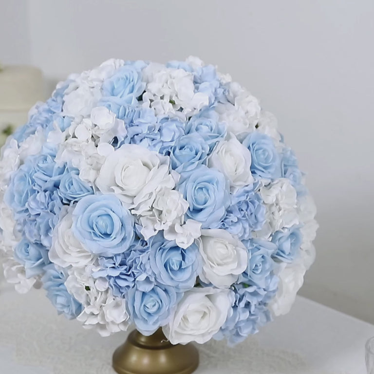 Light blue silk rose flower ball arrangement centerpiece for wedding decor.
