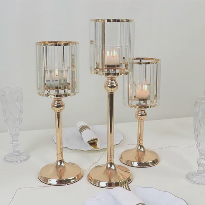 Gold crystal pendant hurricane candle holders, elegant table centerpieces.