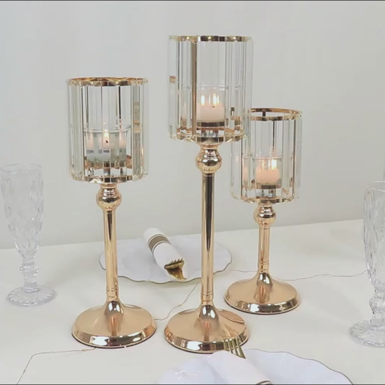 Gold crystal pendant hurricane candle holders, elegant table centerpieces.