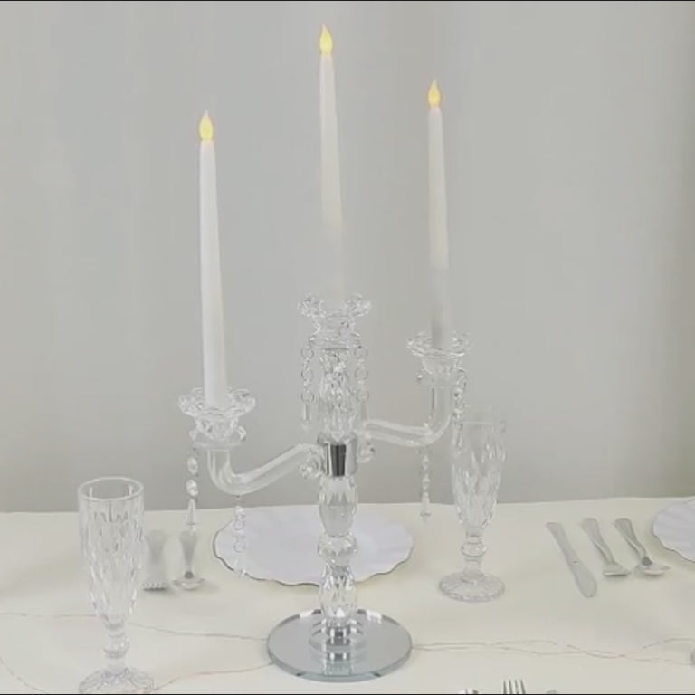 Crystal 3-arm candelabra taper holder with hanging prisms on a round mirror base.
