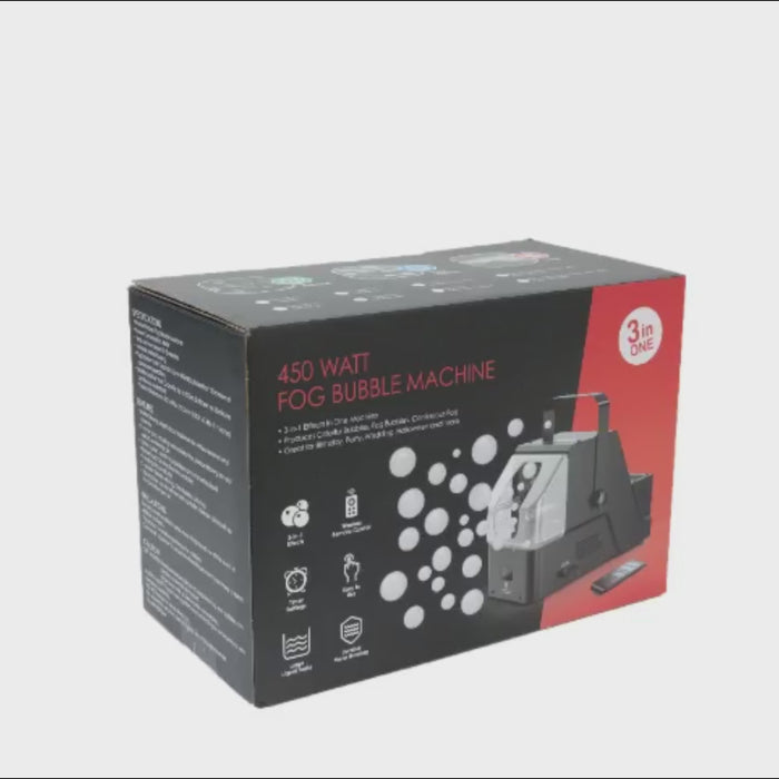 3-in-1 fog bubble machine with wireless remote in black and red packaging.