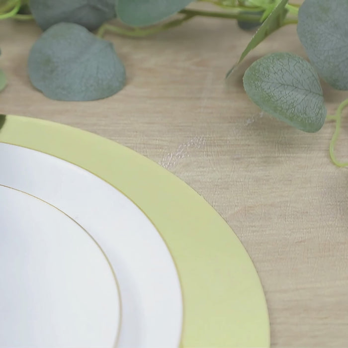 Gold disposable table placemat on a wooden surface with greenery.