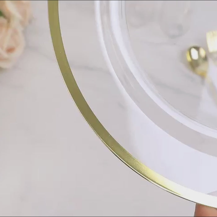 Clear appetizer plate with a gold rim. Perfect for elegant dining.