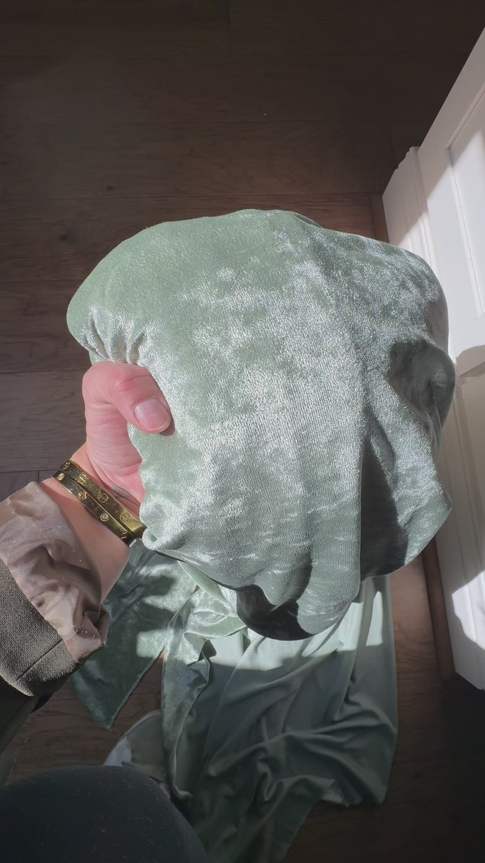 Sage green crushed velvet tablecloth, soft and reusable.