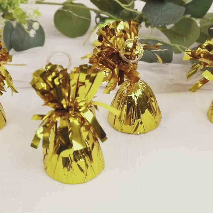 Metallic gold foil tassel top party balloon weights, 5.5oz.