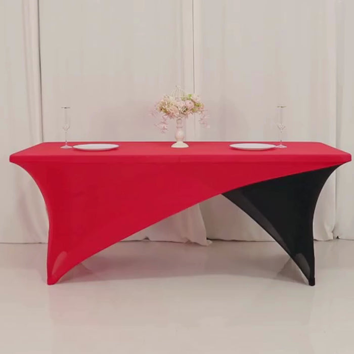 Red and black stretch spandex fitted table cover for events.