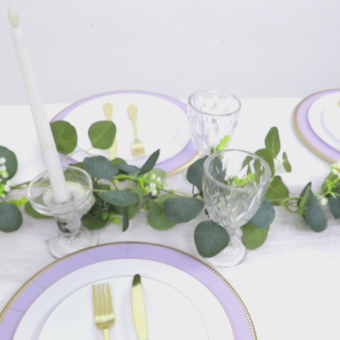 Lavender round dessert plates with gold rim, perfect for appetizers or salads.