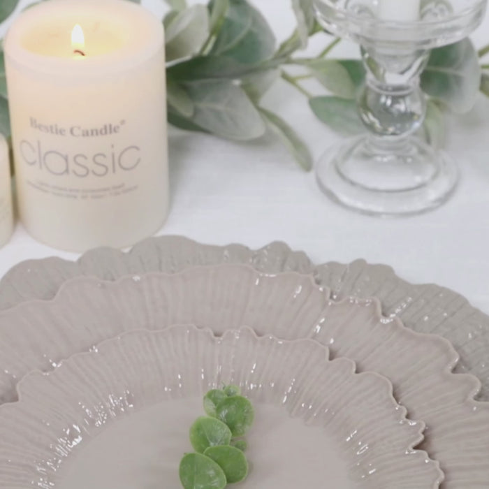 Taupe dessert and appetizer plates in elegant reef design.