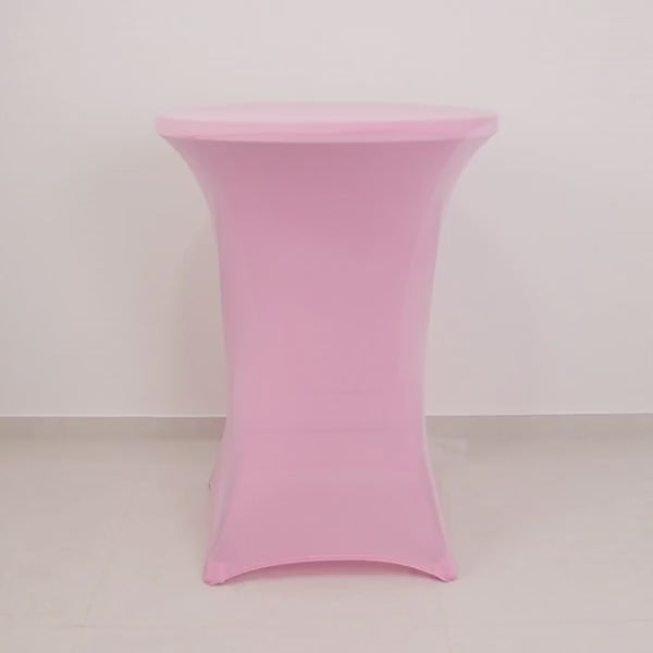 Pink spandex cocktail table cover for high top tables.