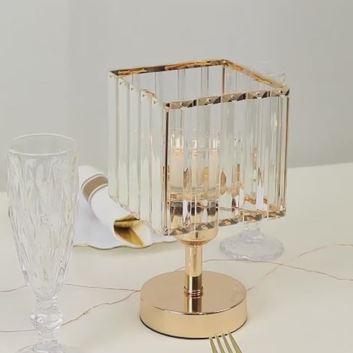 Gold crystal pendant hurricane candle holder, elegant square design, decorative centerpiece.