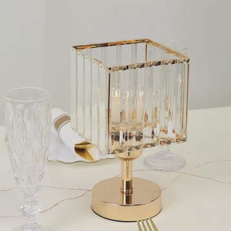 Gold crystal pendant hurricane candle holder, elegant square design, decorative centerpiece.