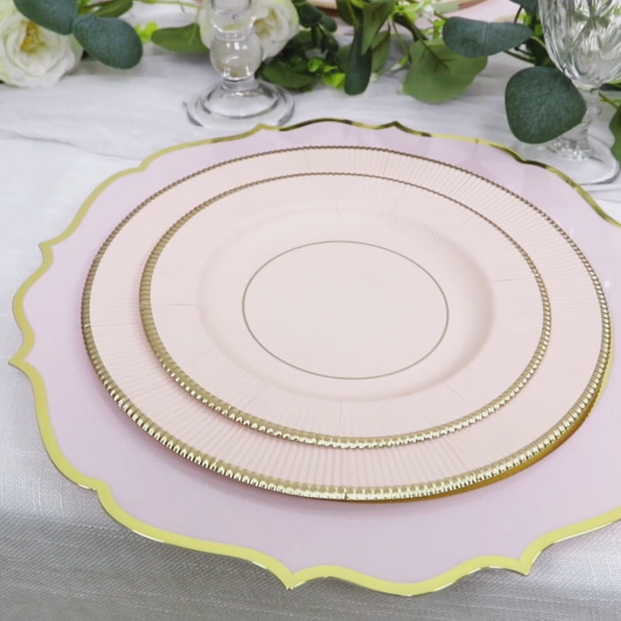 Blush sunray dessert plates with gold rim, stylish and elegant for any occasion.
