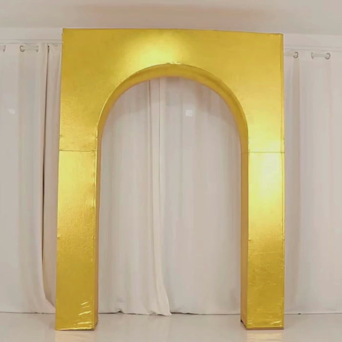 Gold metallic spandex wedding arch cover for backdrop stand.