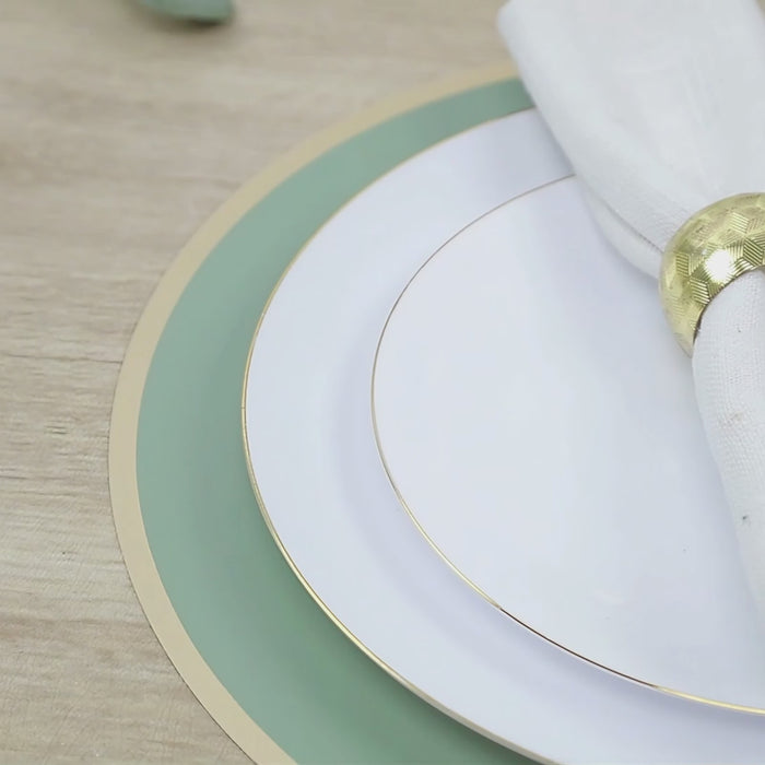 Sage green disposable table placemat with gold rim and elegant plate setting.