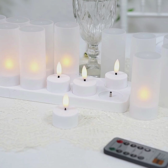 White flameless LED tea light candles with warm flickering effect.
